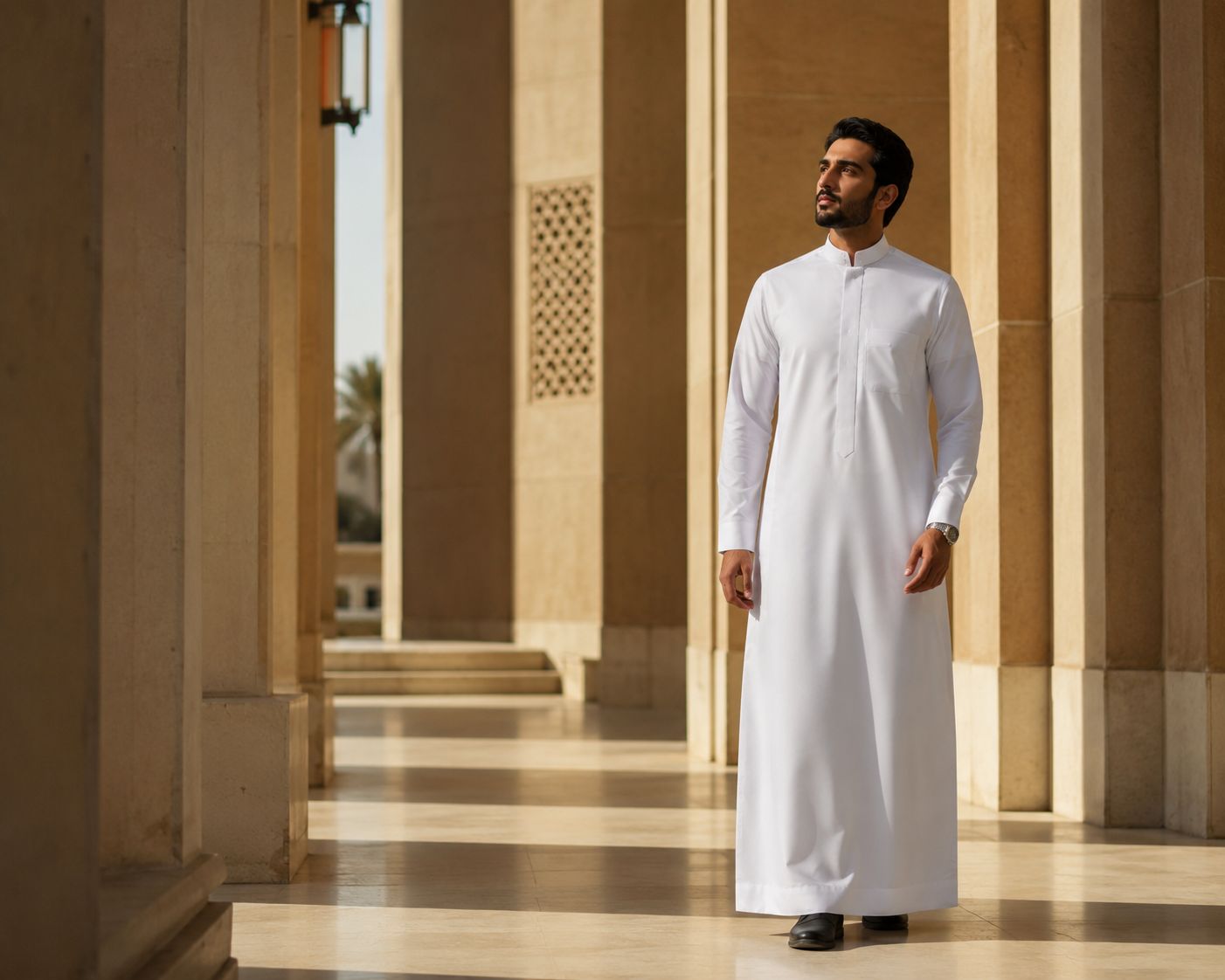 Man in white thobe in a colonnade
