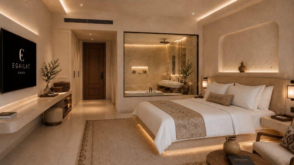 Warm minimalist hotel suite