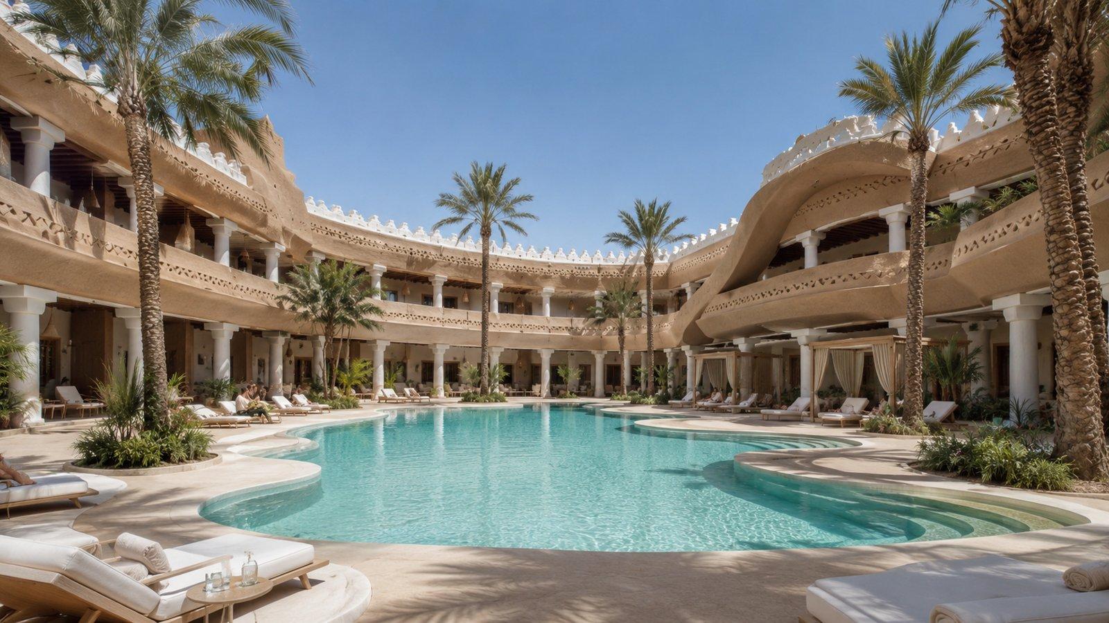 Resort courtyard pool with palms