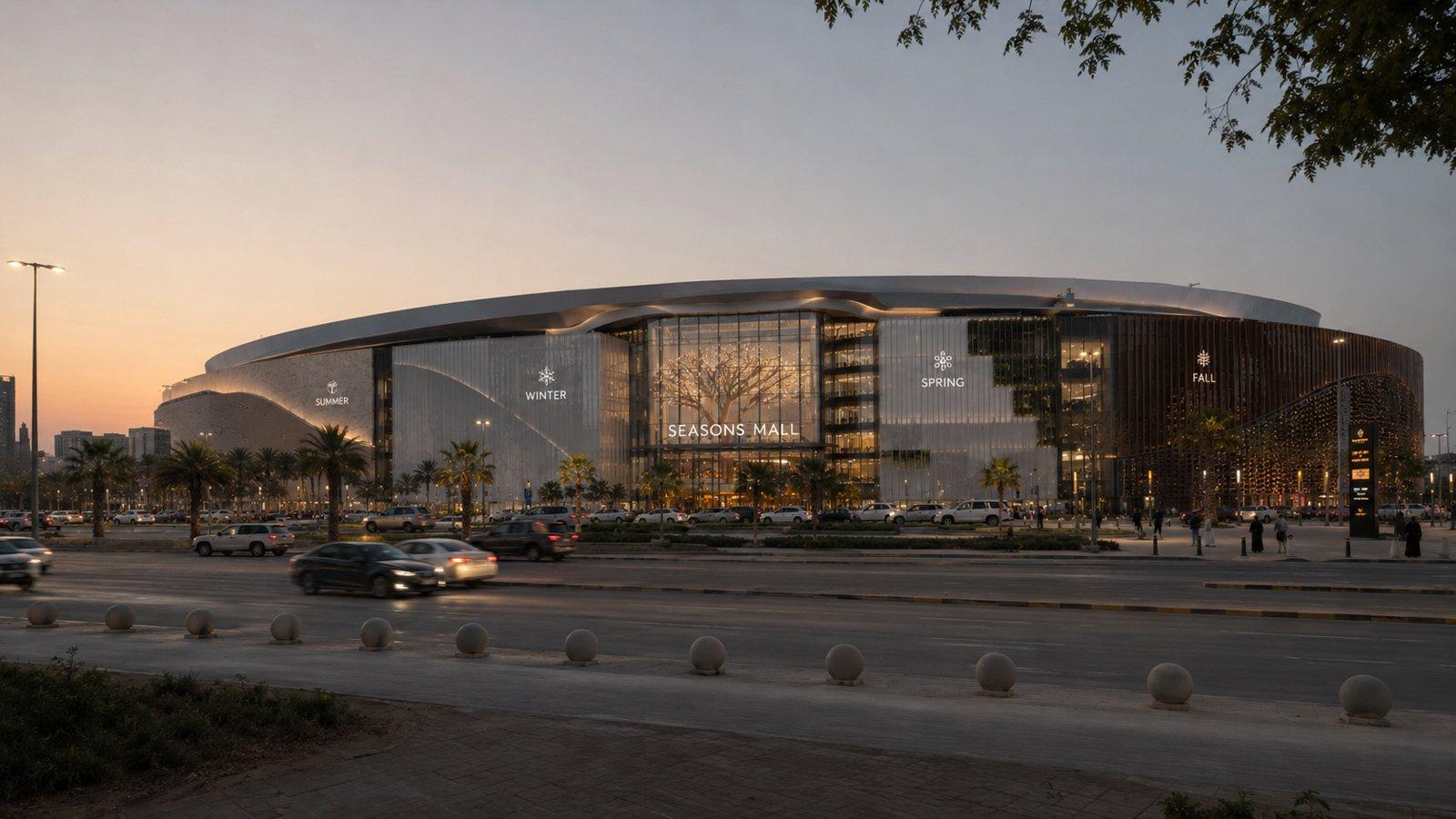 Mall exterior at dusk