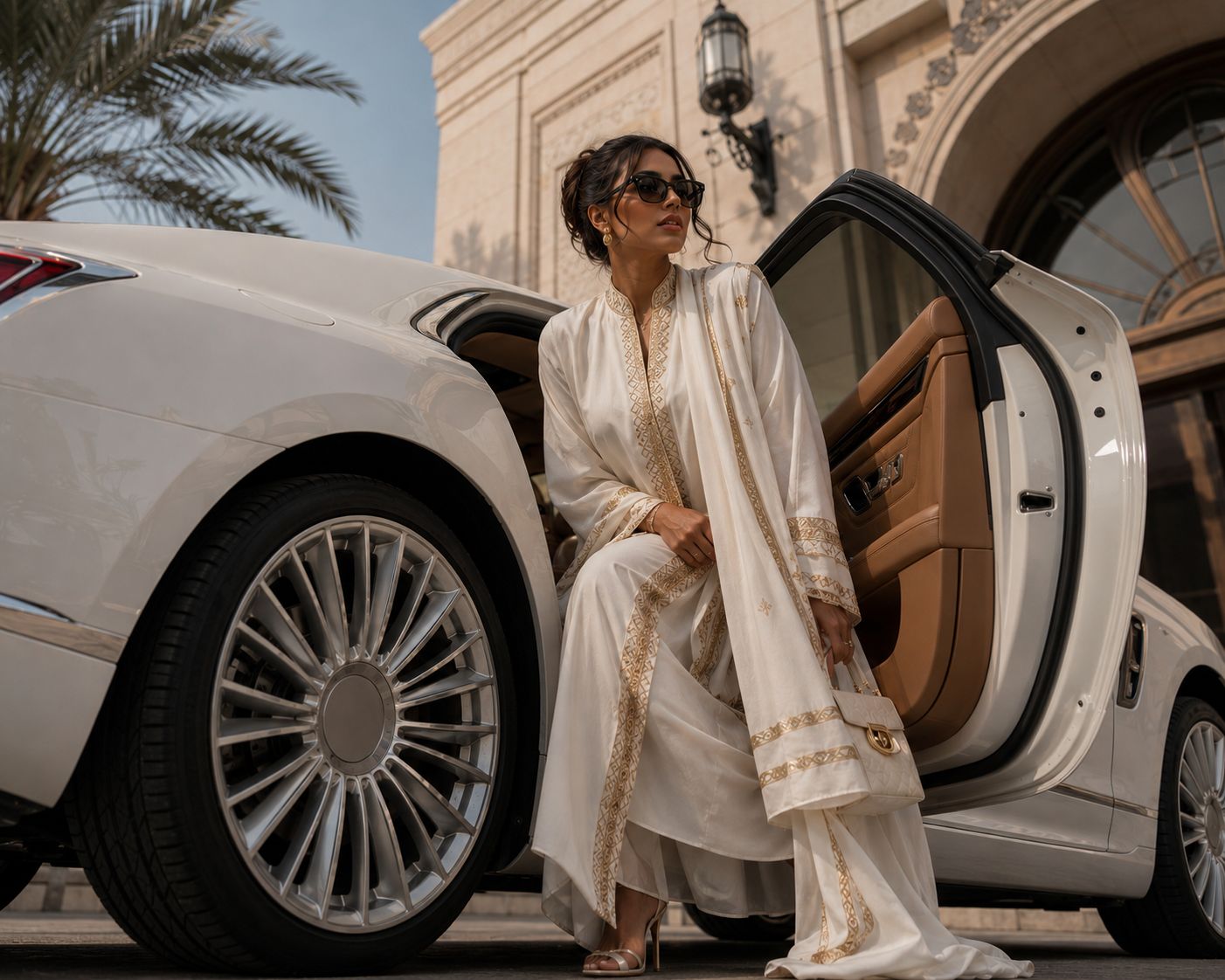 Woman in white stepping out of a luxury car
