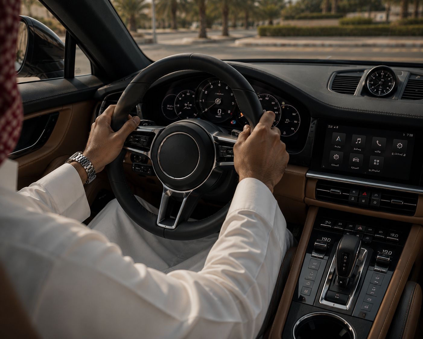 Driver's hands on the wheel, Saudi attire