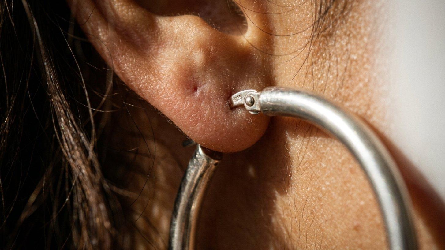 Macro detail of earring on ear