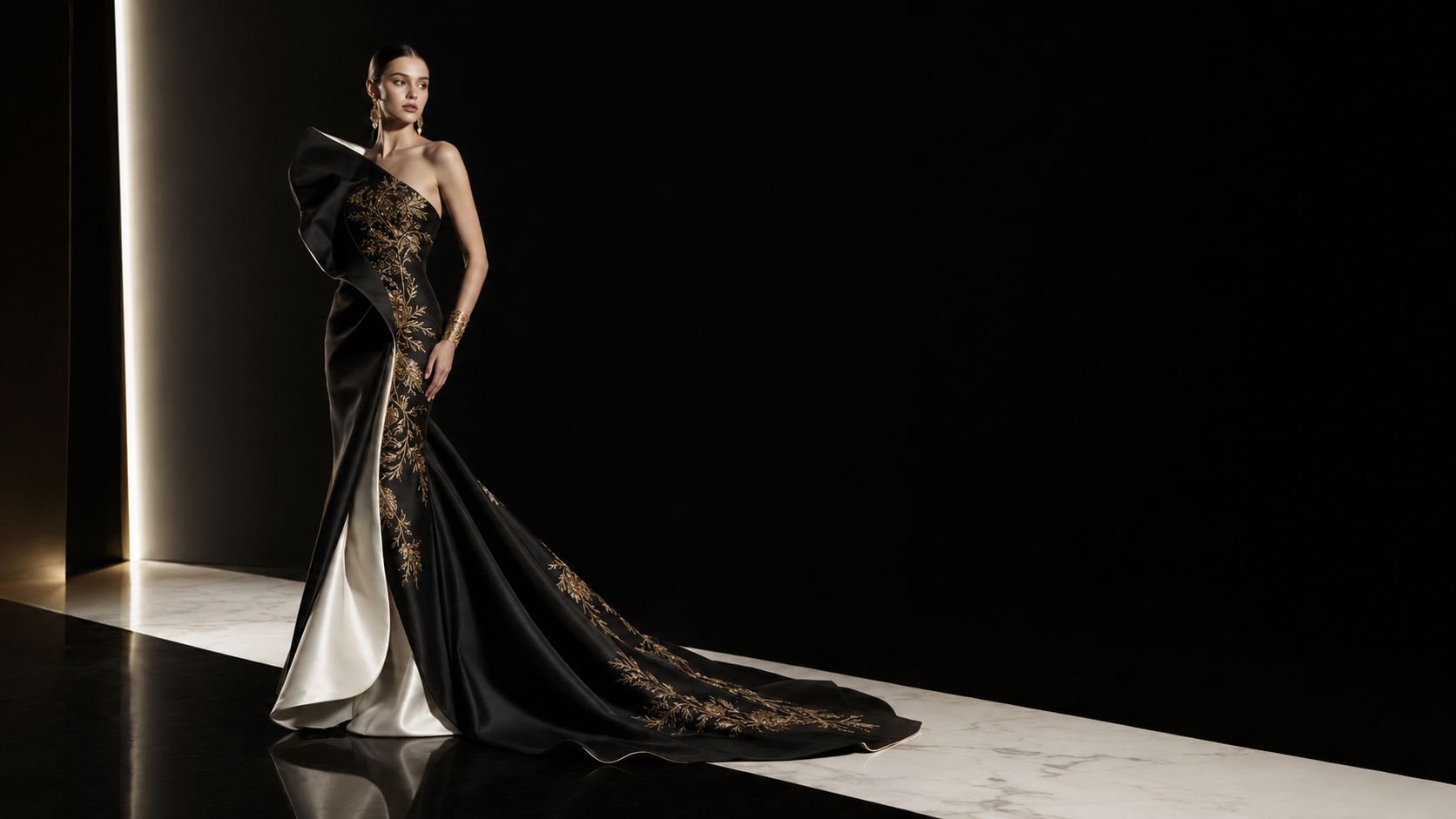 AI-generated couture gown on a marble runway