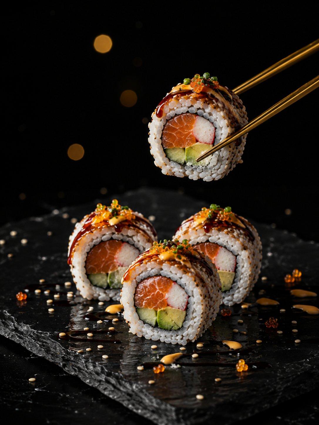 Sushi rolls on slate, studio lit