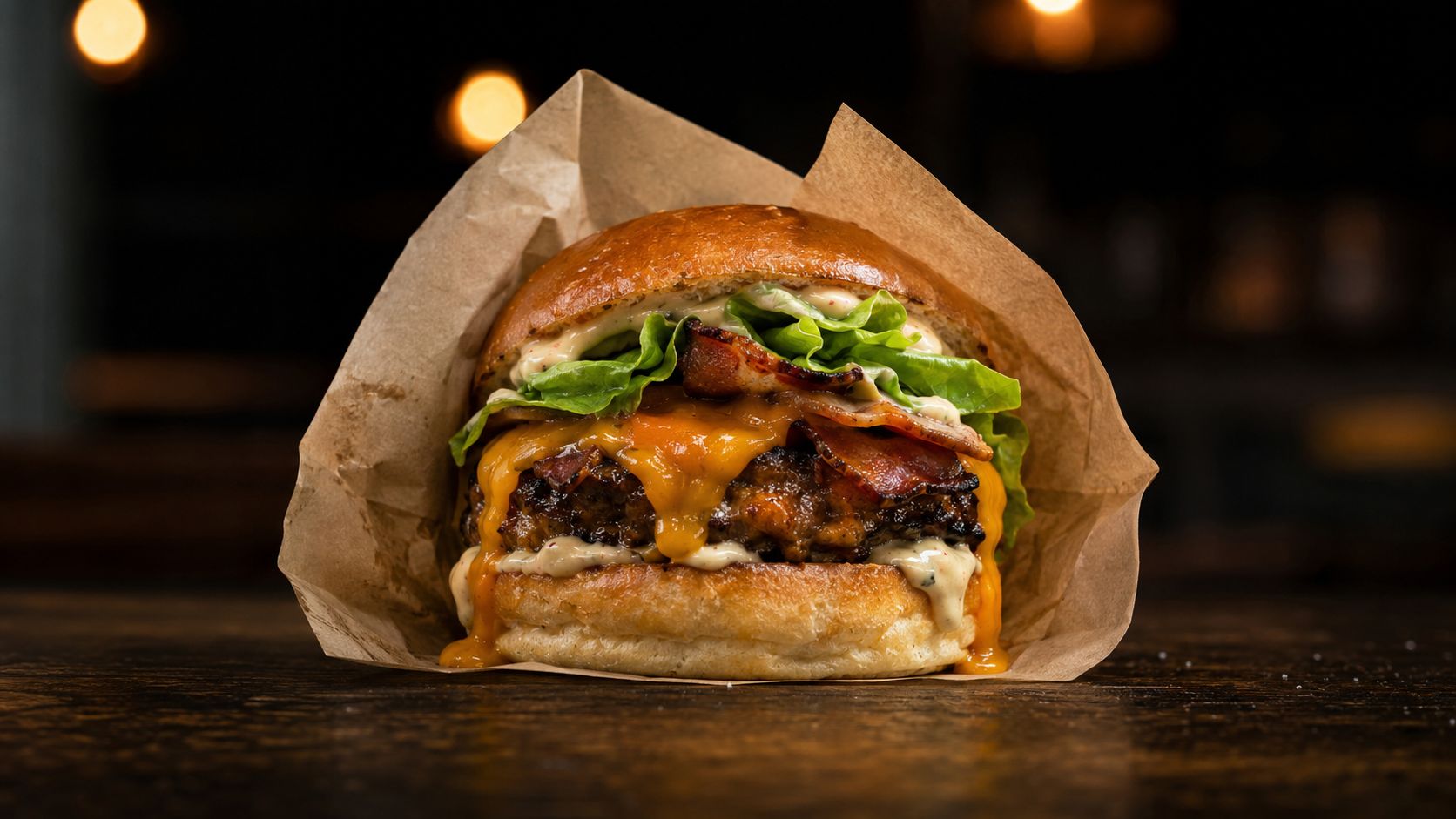 AI-generated gourmet burger in kraft paper