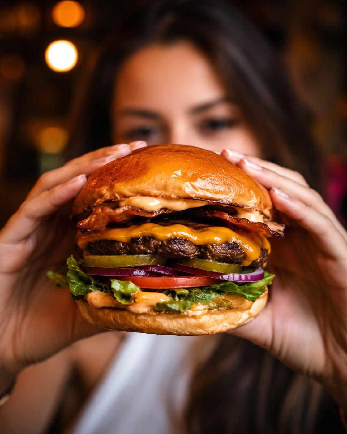 Woman holding a stacked burger