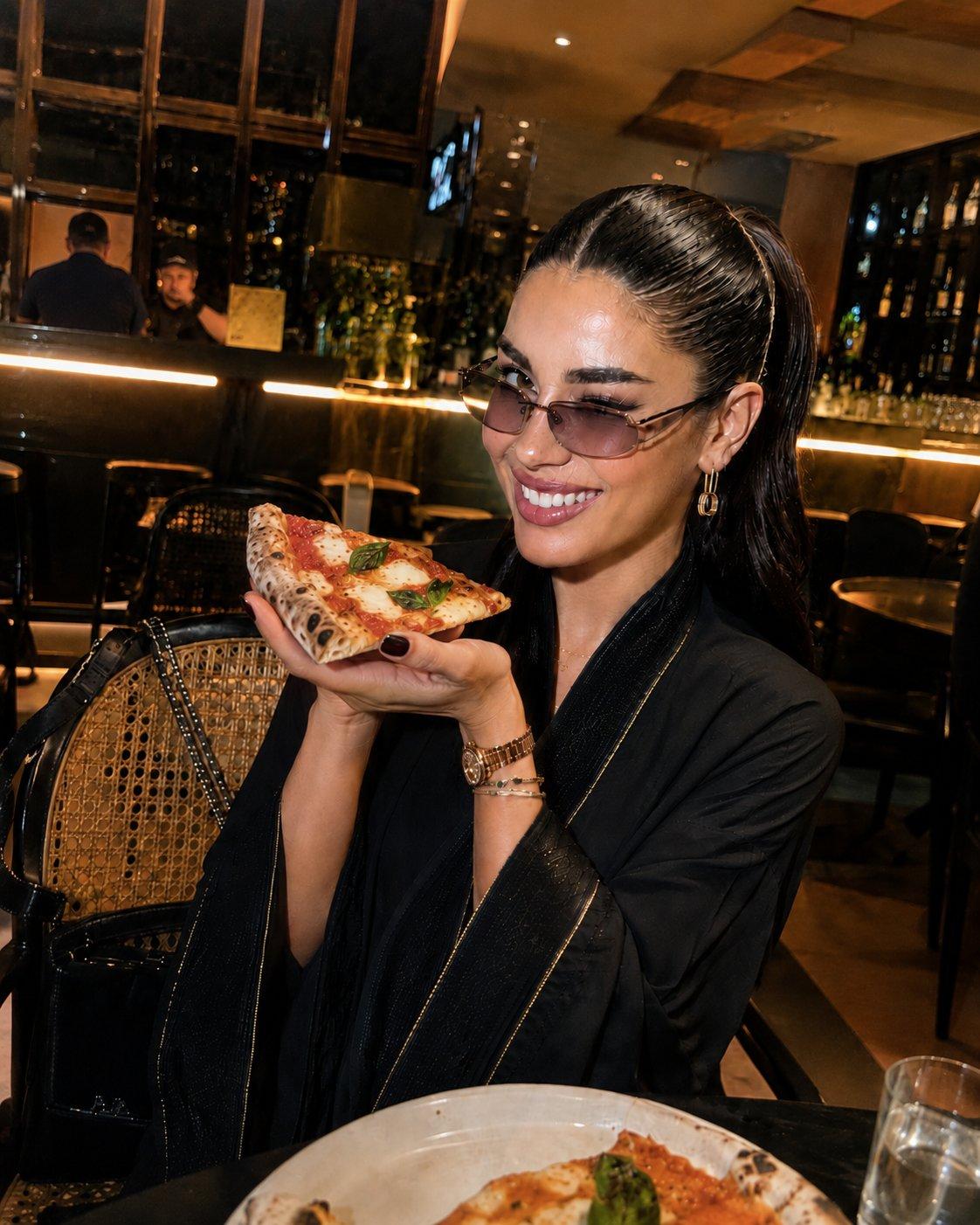 Woman enjoying pizza in a restaurant