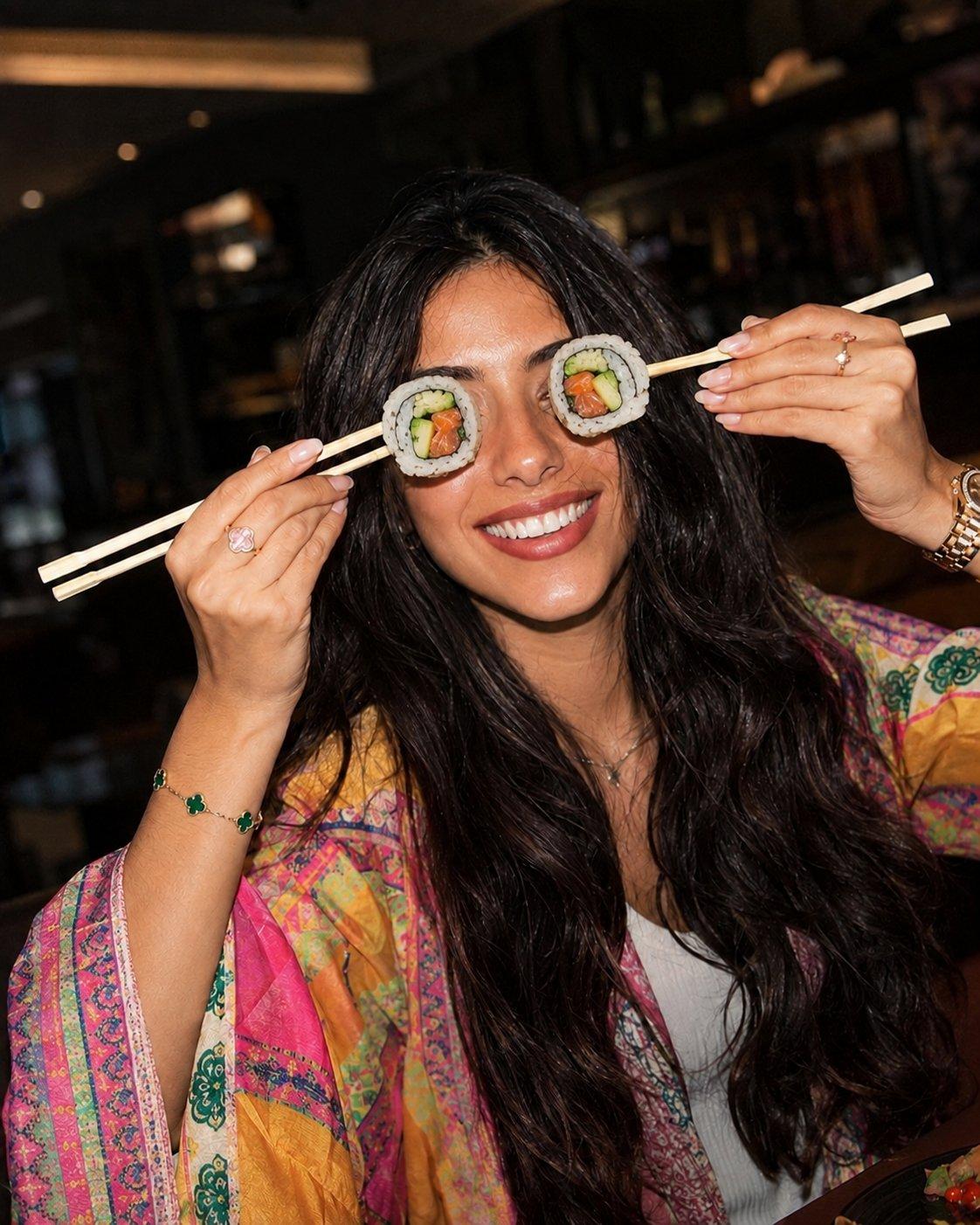 Woman playfully holding sushi with chopsticks