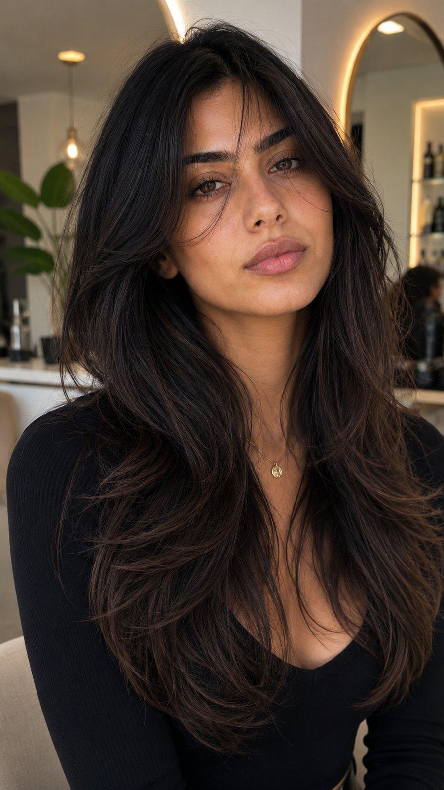 Same model with long layered hair