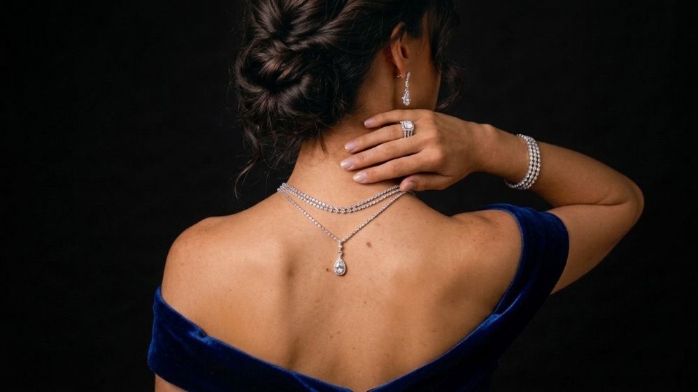 Necklace draped down a bare back