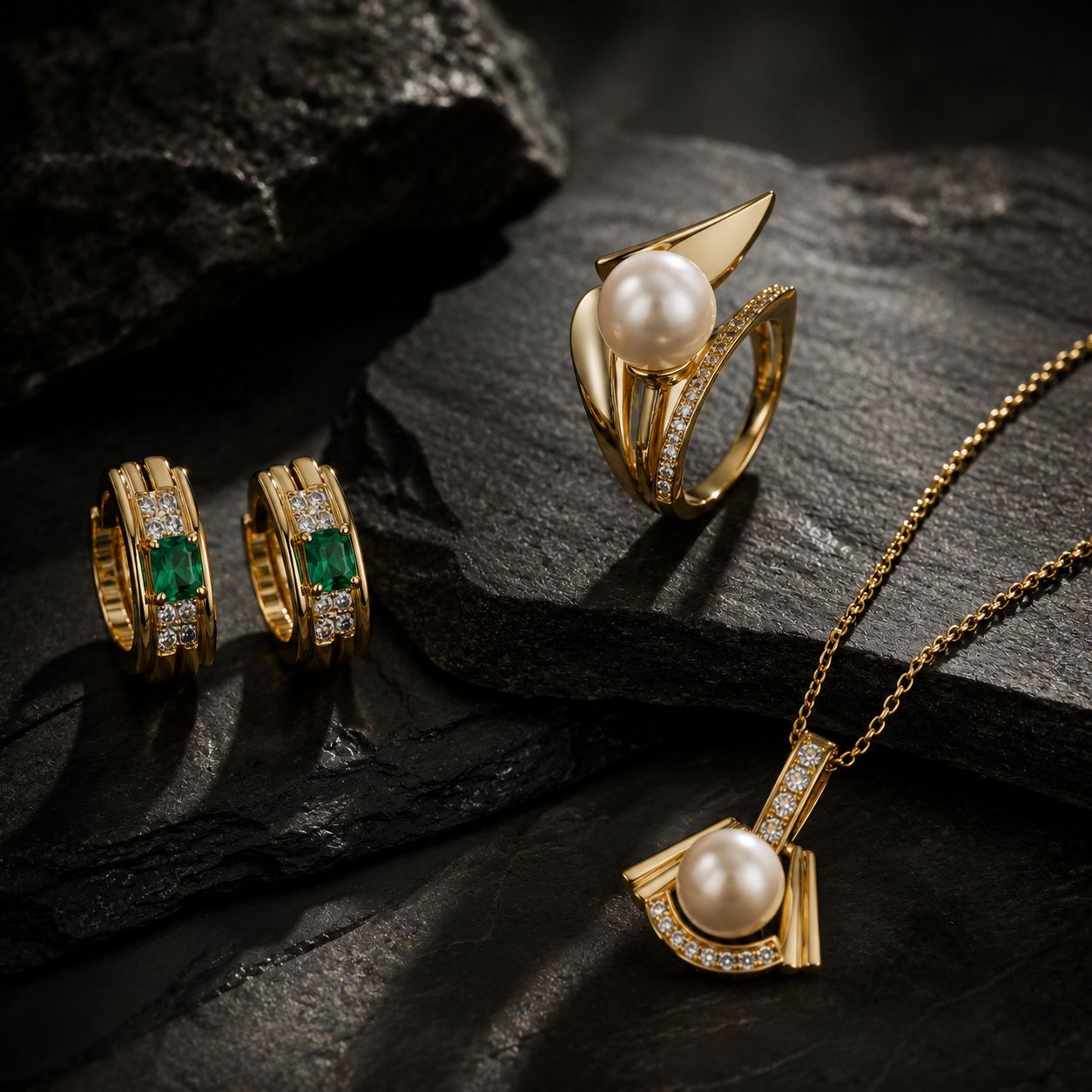 Pearl and emerald pieces on slate