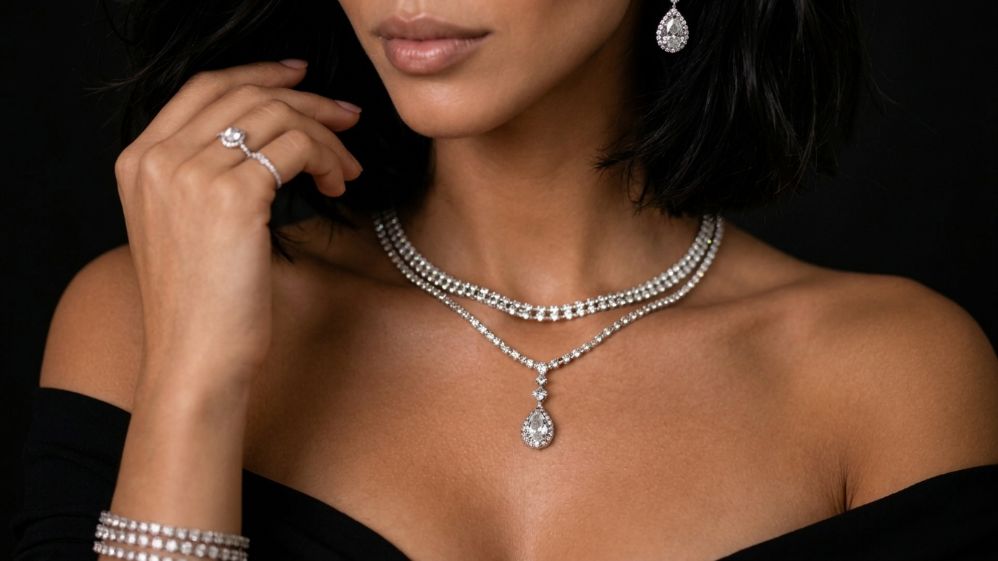 Diamond necklace and earrings on a model