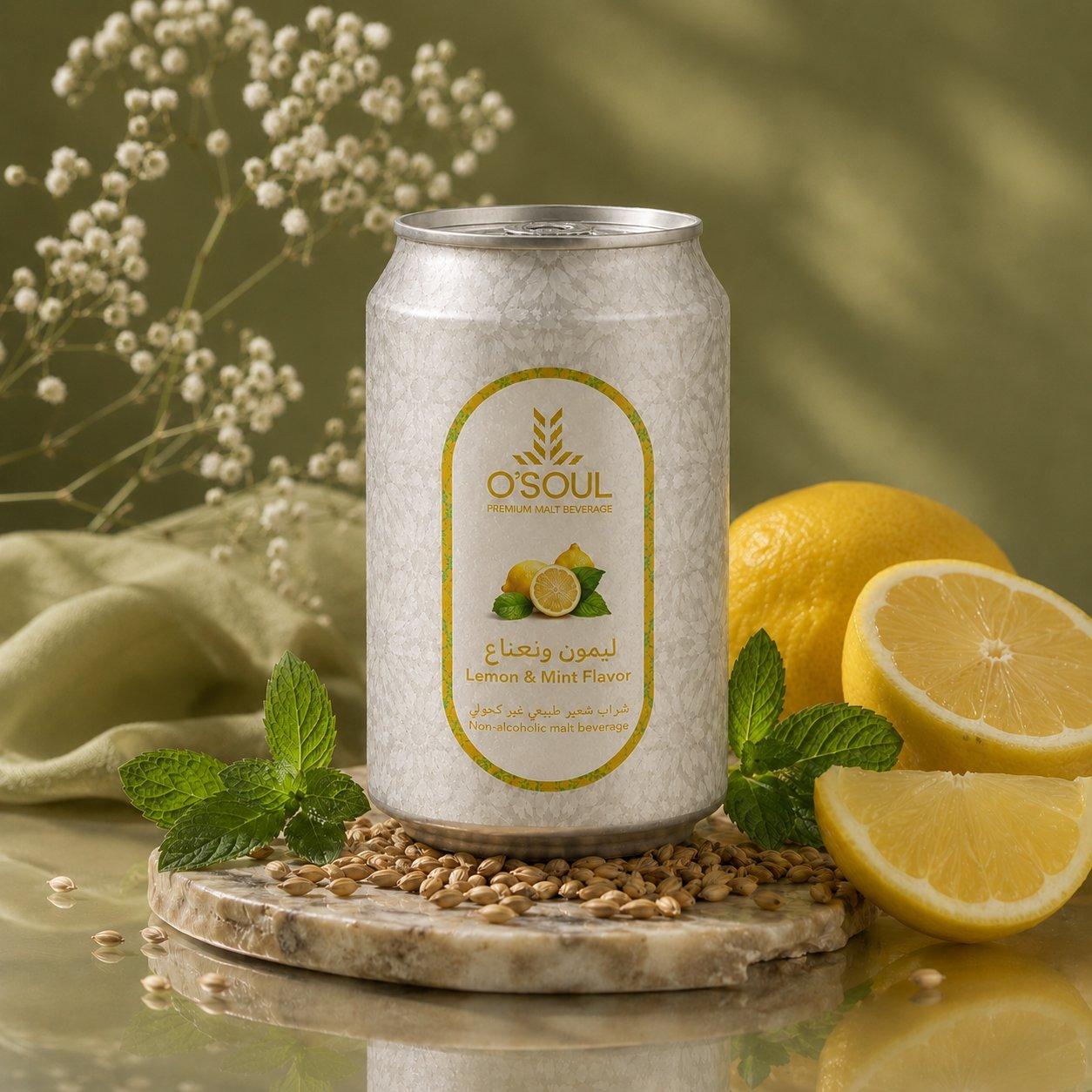 Beverage can styled with lemons and mint