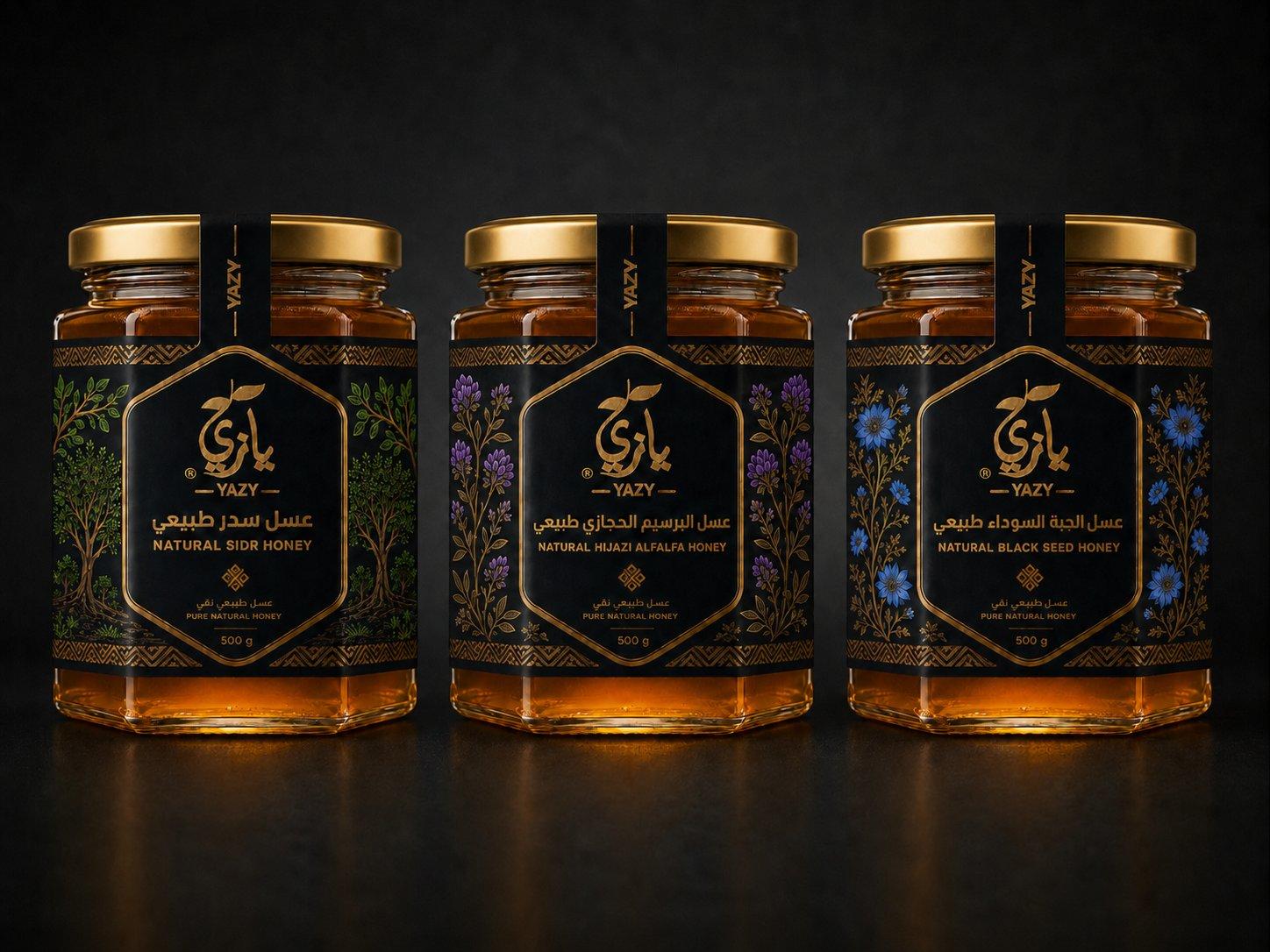 Honey jar lineup on dark backdrop
