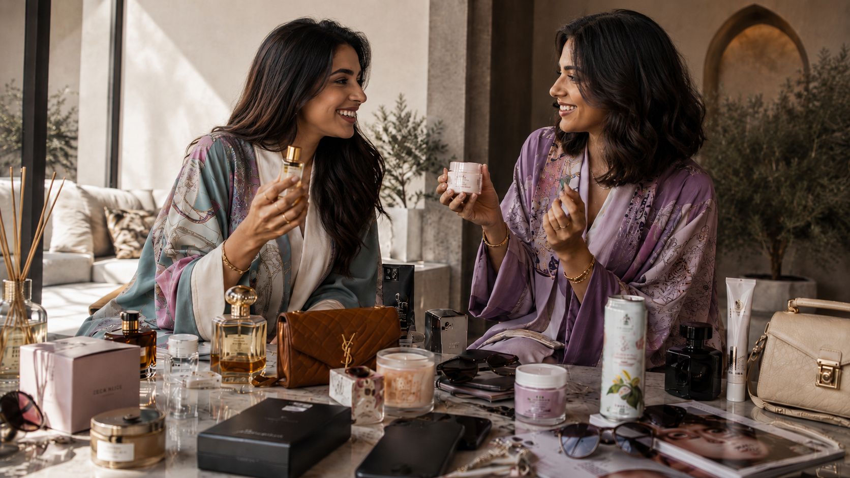 Two women with a table of beauty and lifestyle products