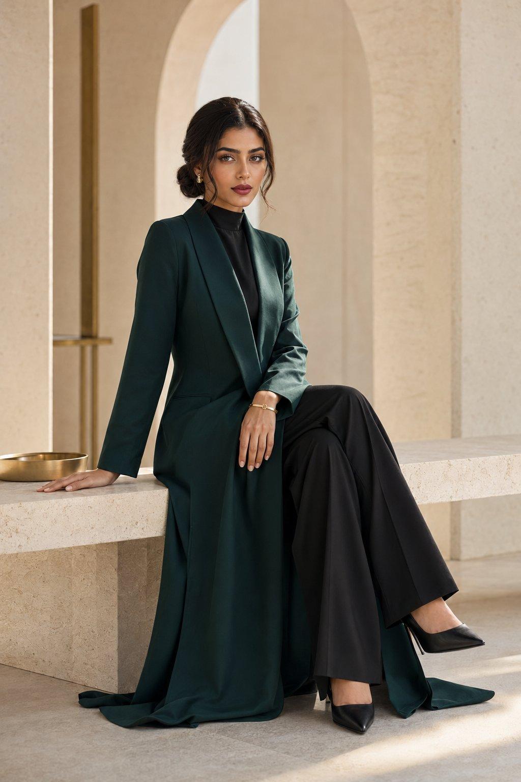 Editorial look in green suit